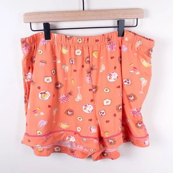 Joyspun Pajama Set Women XL Peach Brunch Food Print Short Sleeve Button Down - Picture 9 of 13